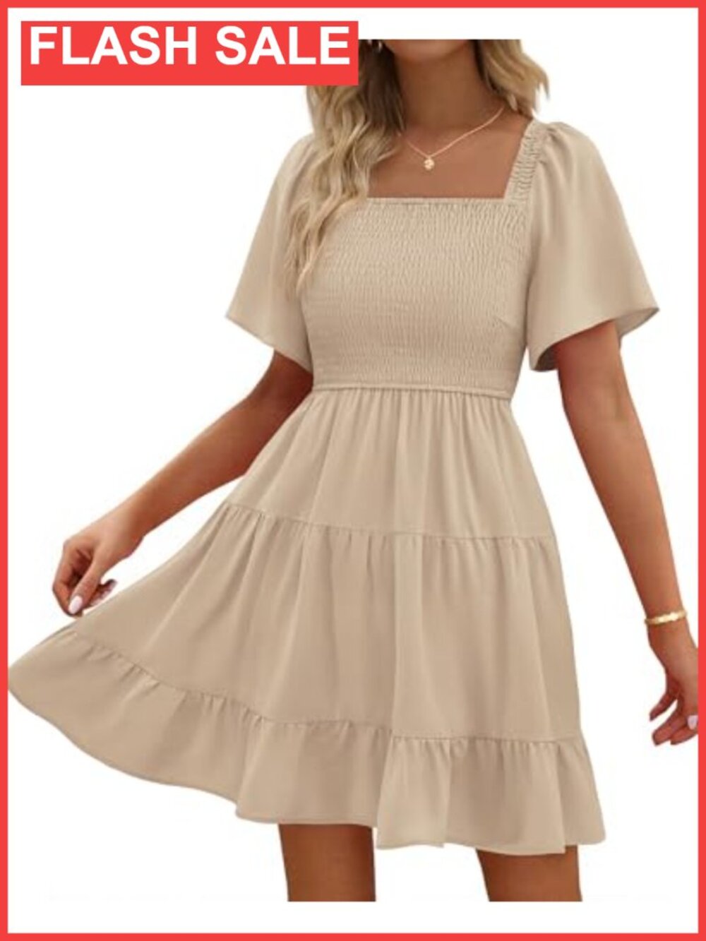 Smocked Square Neck Mini Dress with Pockets